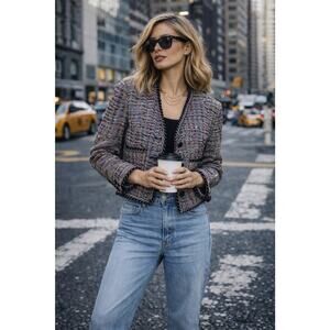 Neiman Marcus 100% Silk Tweed Jacket Multicolor Cropped Blazer Textured Sz 8